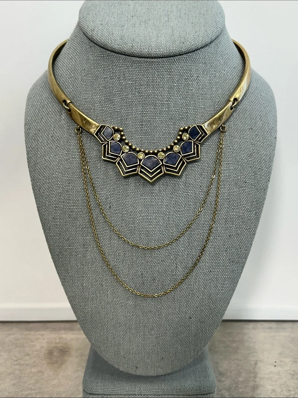 Gold-Tone Blue Stone Geometric Boho Statement Collar Necklace - Women Jewelry